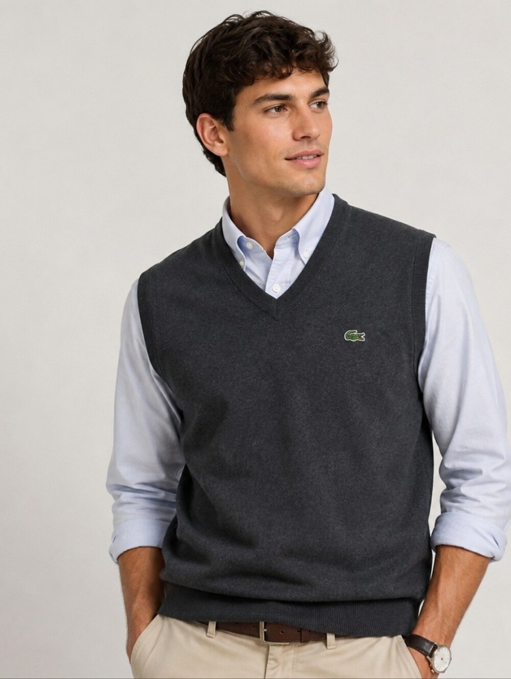 Lacoste men’s charcoal gray 100% cotton V-neck sweater vest size L preppy golf
